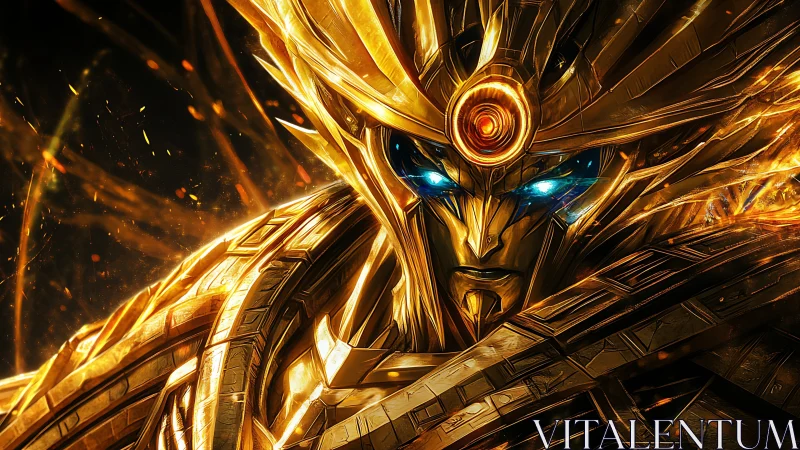 Golden armored cosmic warrior with glowing blue eyes.