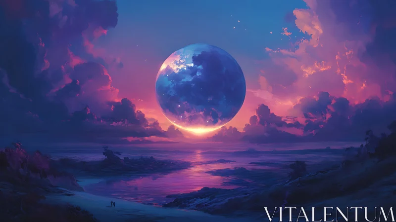 Surreal luminous planet hovers above a twilight ocean horizon.