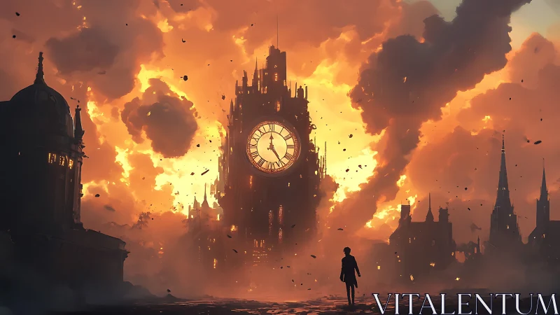 Chronometric citadel amid combustion plume and urban silhouettes.