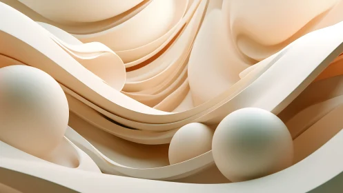 Layered abstract geometry with smooth spheres in cream tones.