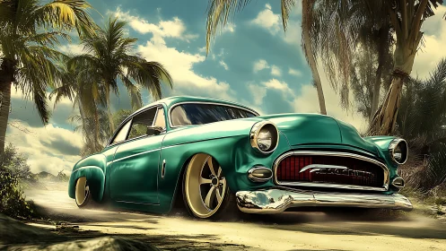 Retro turquoise cruiser prowls a palm-shadowed tropical road