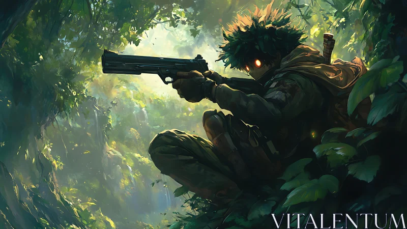 Camouflaged jungle sniper with glowing eyes in dense foliage.