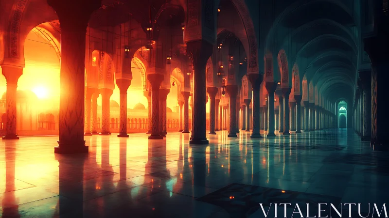 Symmetrical mosque corridor with contrasting warm and cool light.