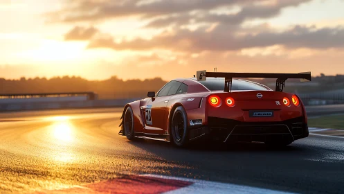 Sunlit red GT-R rockets through a glowing sunset curve
