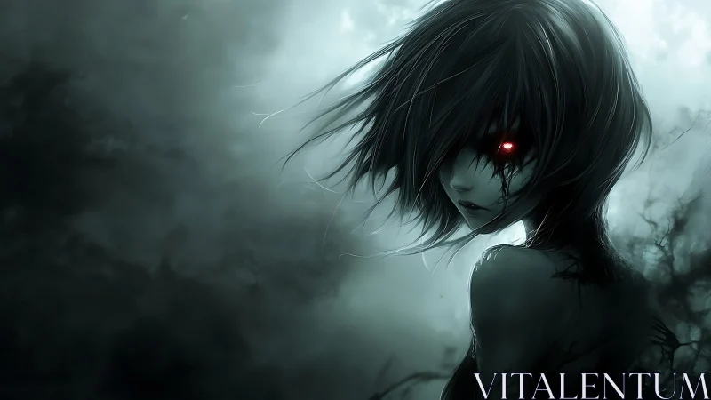 Haunting red-eyed specter in stormy monochrome mistscape.