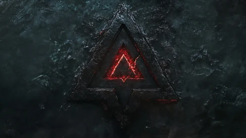 Glowing red triangle symbol emerges from dark stone surface