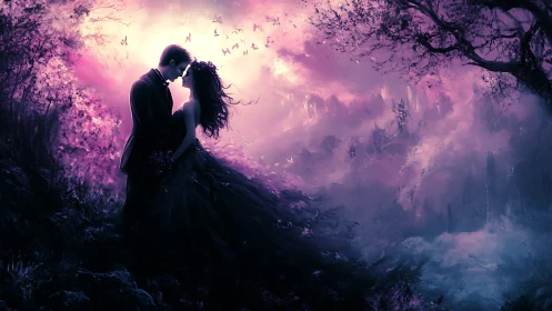Ethereal Embrace: Silhouetted Couple Against Luminescent Fantasy Realm.