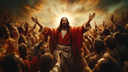 Radiant spiritual leader blessing gathered crowd at sunrise.