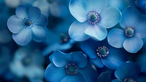 Blue anemone flowers with detailed stamen centers.