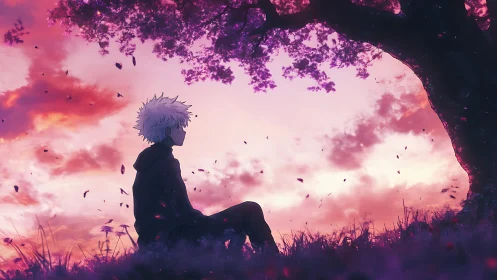 Solitary dreamer under magenta skies of falling petals.