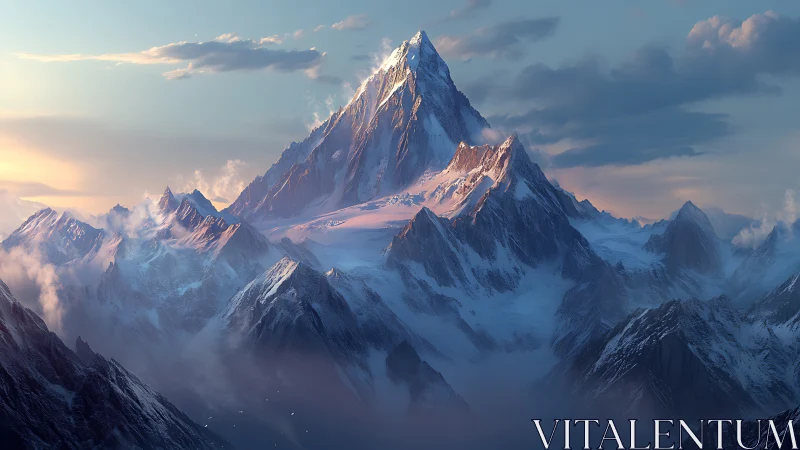 Snowy mountain peak above misty ridges at sunrise.