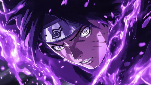 Intense anime ninja portrait with glowing violet chakra energy