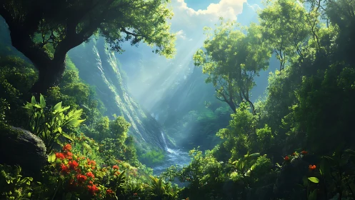 Hidden Canyon Valley with River and Luminous Forest Canopy.