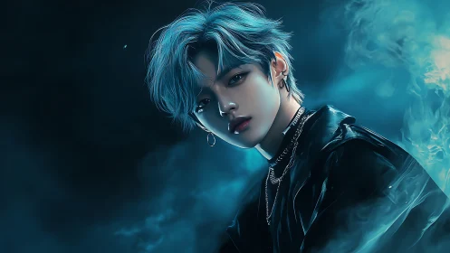 Blue haired youth in moody teal lighting portrait.