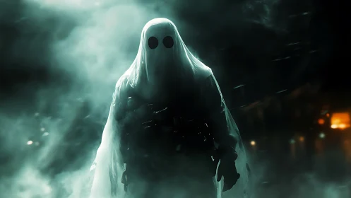 Hooded spectral figure with tactical gear in volumetric fog backlight