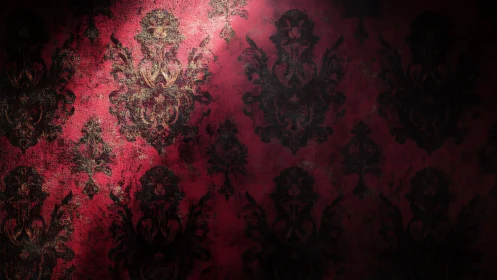 Baroque damask wall pattern with dramatic chiaroscuro lighting.
