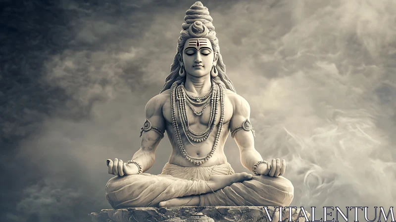 Serene stone deity sculpture in meditative lotus posture.