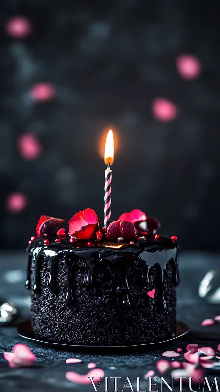 Dark Elegance Birthday Cake with Glowing Candle.