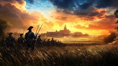 Dawn-lit regiment marches toward a distant burning citadel.