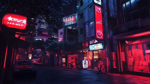 Neon lit alleyway in urban Japan at night under signage.