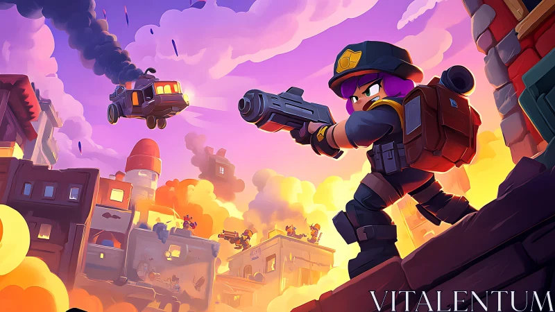 Cartoon soldier on rooftop in stylized urban battle scene.