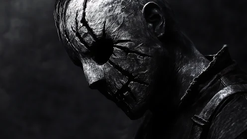 Scarred stone-faced figure leans in shadowed, oppressive light