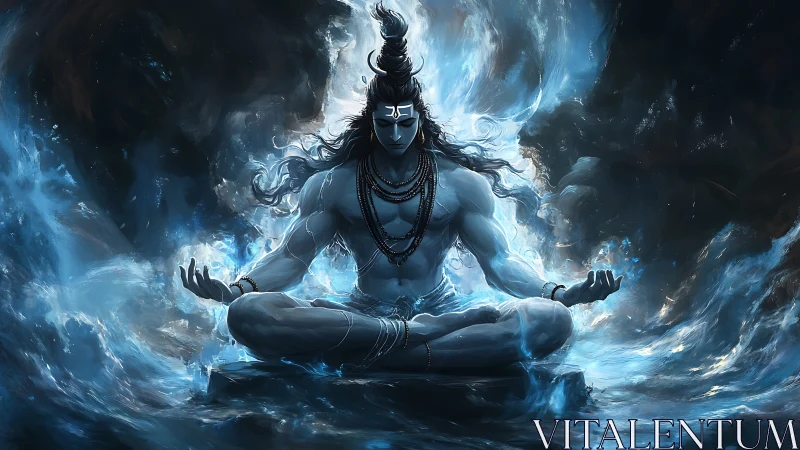 Serene blue meditation within swirling cosmic energy waves.