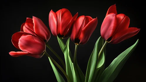 Red Tulips Against Black Background: High-Contrast Botanical Study.
