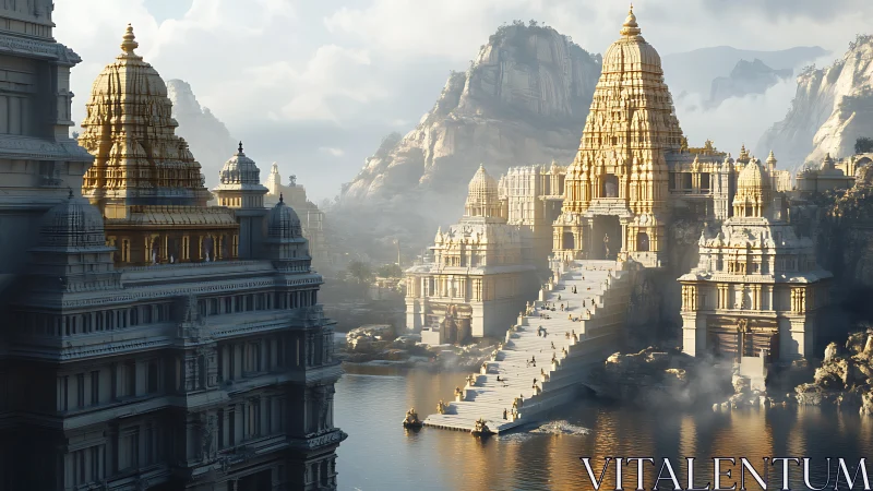 Golden stepped temple complex above misty mountain lake.