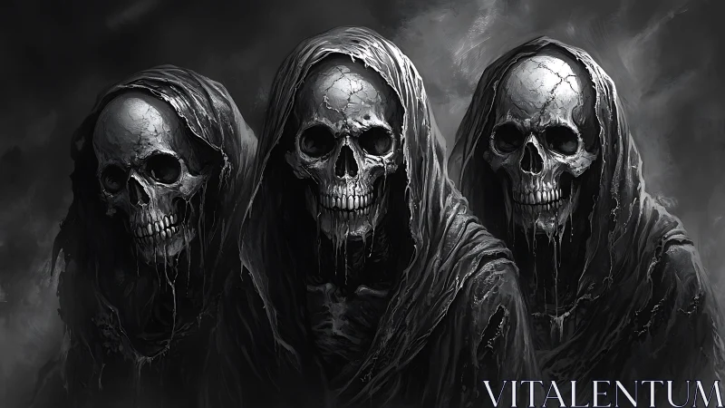 Grim hooded skull trio glowing from shadowed mists.