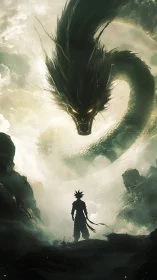 Silhouetted figure under coiling dragon in misted canyon.