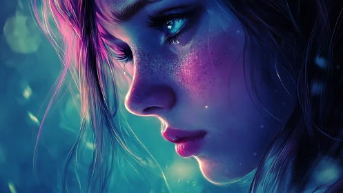 Chromatic side-profile portrait with neon rim lighting detail.