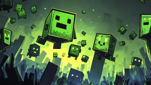 Glowing green cube creatures drift playfully above a pixel city