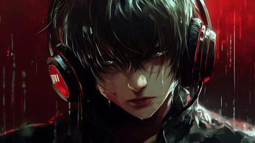 Dark-haired headphone user stares forward in red lighting
