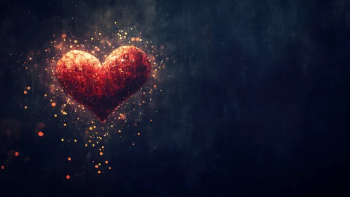 Radiant Heart Form: Incandescent Particle Dispersion Against Dark Backdrop