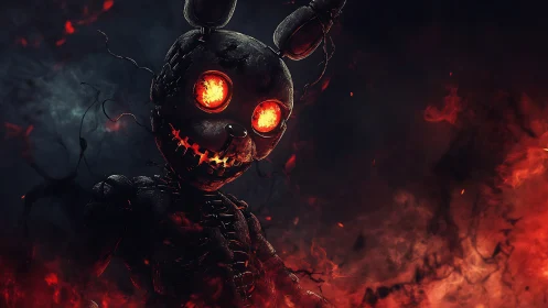 Burning demonic rabbit animatronic glares through swirling fire