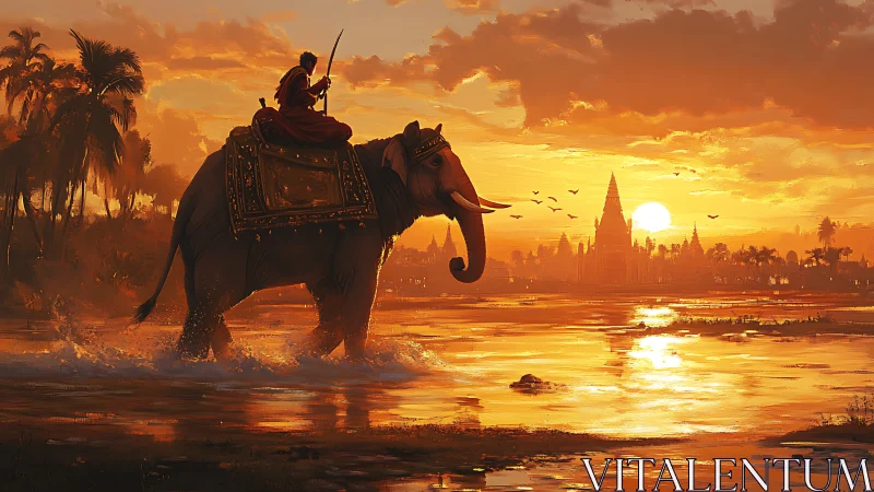 Elephant rider crosses a glowing river at a temple sunrise