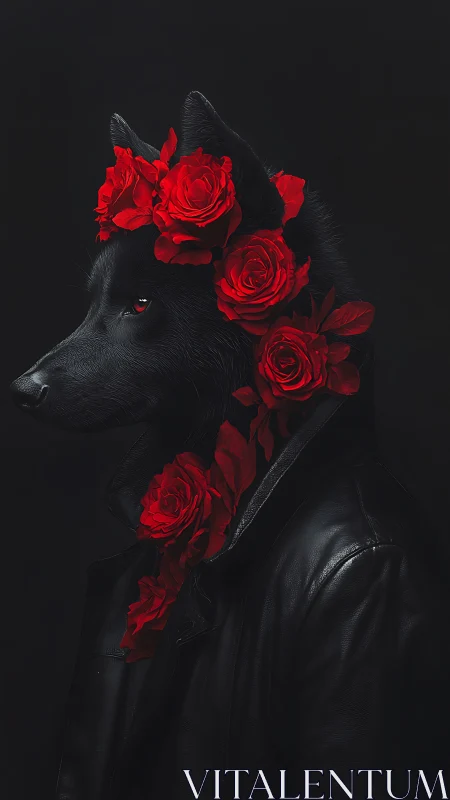 Midnight wolf in roses and leather, quietly radiant.