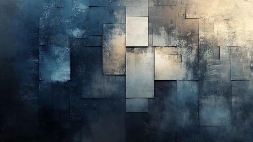 Abstract geometric wall art in blue and beige tones, modern style.