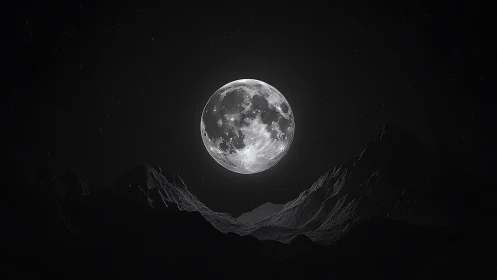 Full moon glows above stark mountain silhouettes in silence