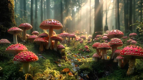 Sunlit red mushrooms glow in a misty enchanted forest clearing