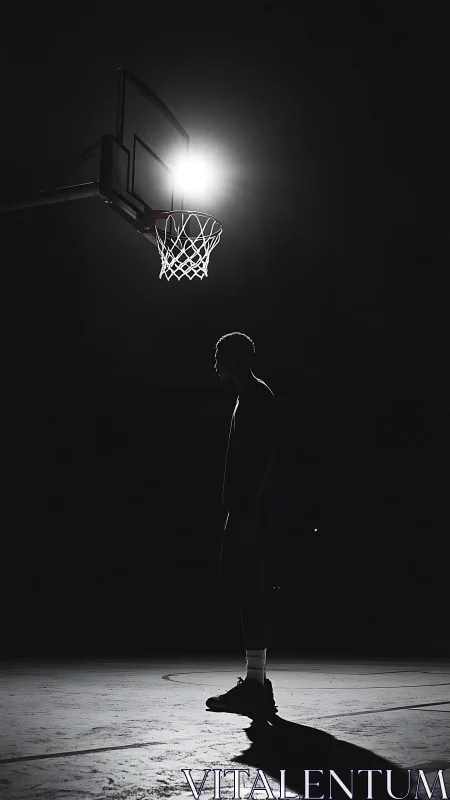 Midnight court silhouette beneath a lone burning rim.