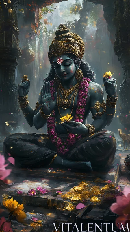 Divine blue deity in lotus pose rendered as cinematic digital art