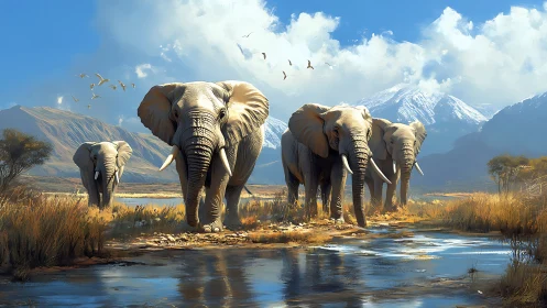 Elephants stride across a sunlit river beneath vast peaks.