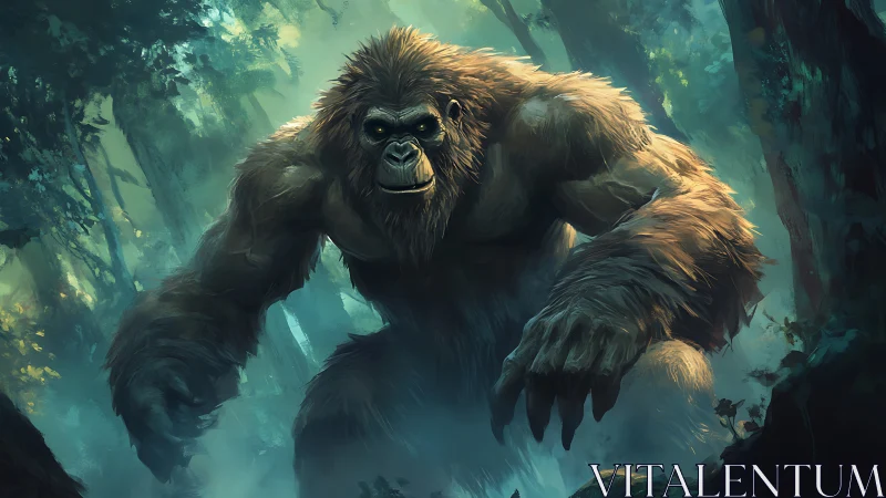 Giant furred ape-like creature advances through dense forest