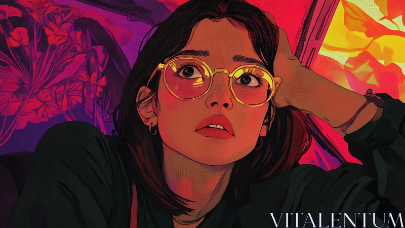 Dreamy girl in golden glasses under neon sunset glow.