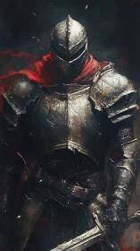 Armored knight silhouette with red cloak in chiaroscuro storm.