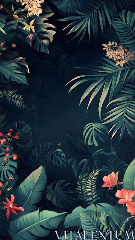 Lush tropical foliage frames a tranquil midnight jungle