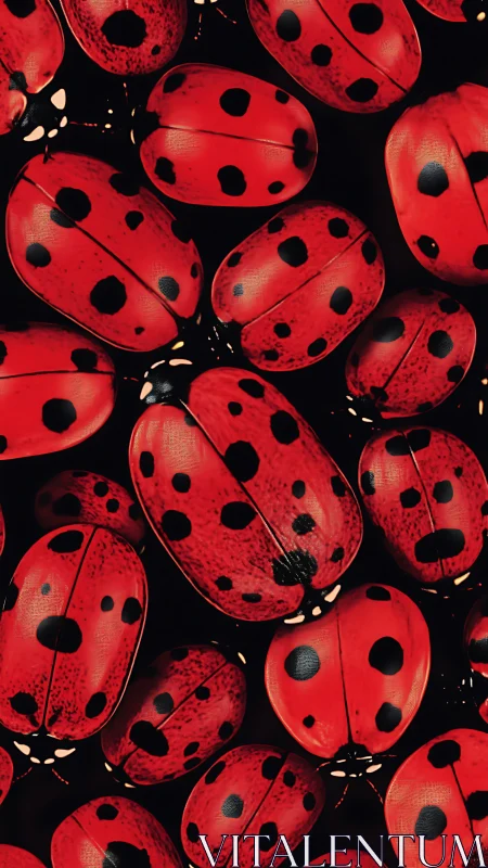 Close-up pattern of red ladybugs with bold black spots.