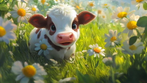 Cute cartoon calf in bright green meadow with daisies.